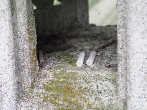 石燈籠の火袋に置かれた新しいロウソク（鳥墓神社）