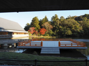 せんぐう館休憩舎から勾玉池越しに望む紅葉