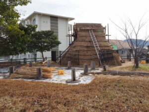 茅の葺き替え工事中の竪穴住居（隠岡遺跡）