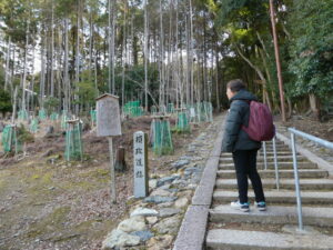 長尾天満宮の参道と交差する頼政道跡の石碑