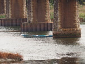 宮川橋梁の橋脚に係留され続ける小舟