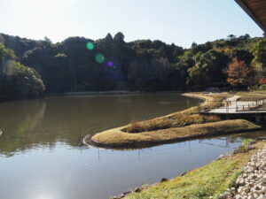せんぐう館休憩舎から望む勾玉池